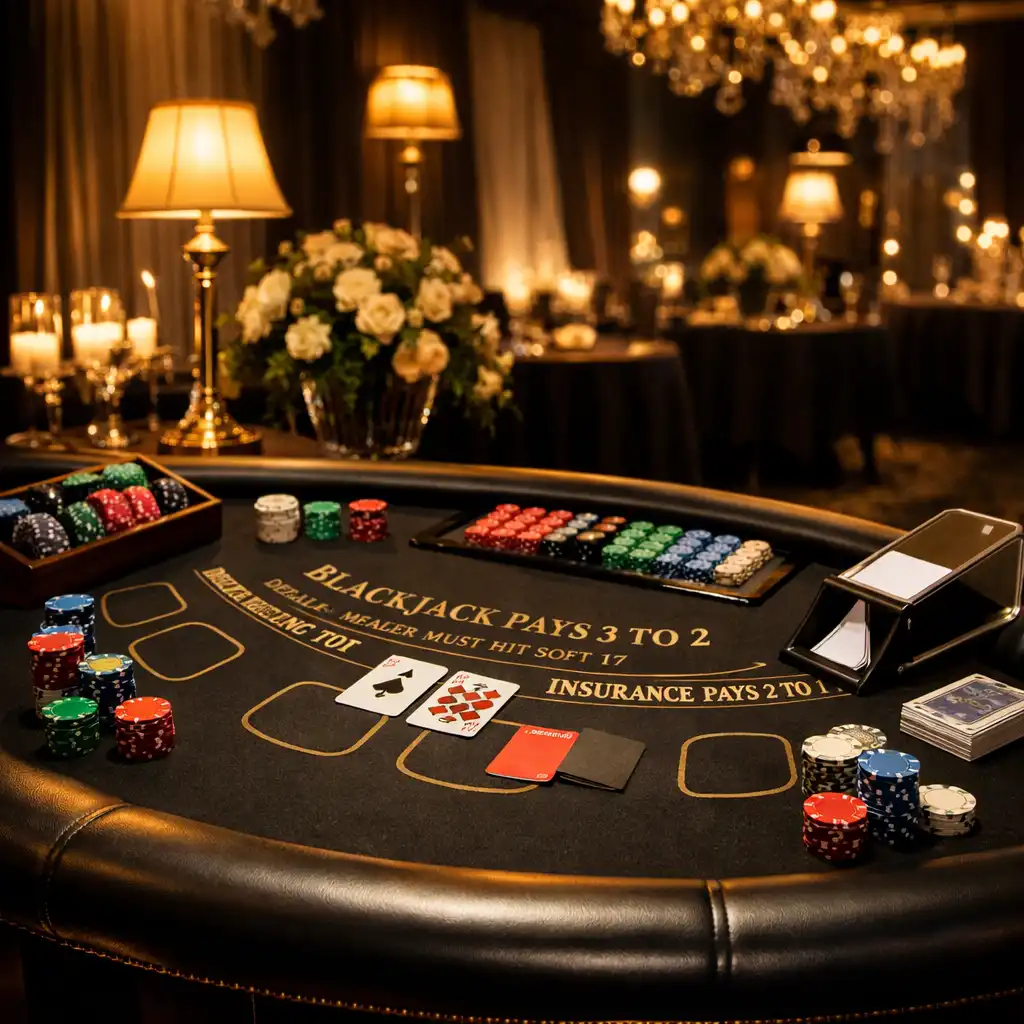 Elegancki stół do blackjacka przygotowany na luksusowy event