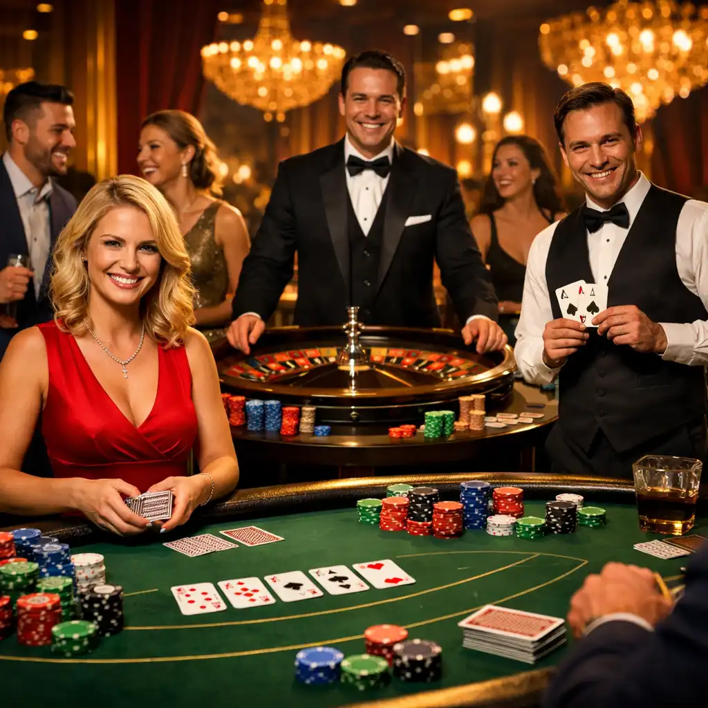 Profesjonalni gospodarze przy eleganckich stołach pokerowych, ruletkowych i blackjackowych