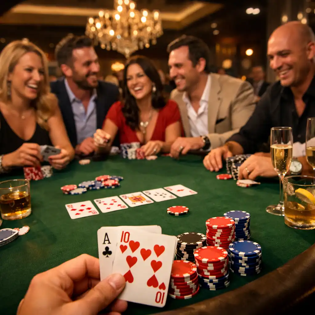 Goście podczas firmowego wydarzenia grający w poker w eleganckiej oprawie